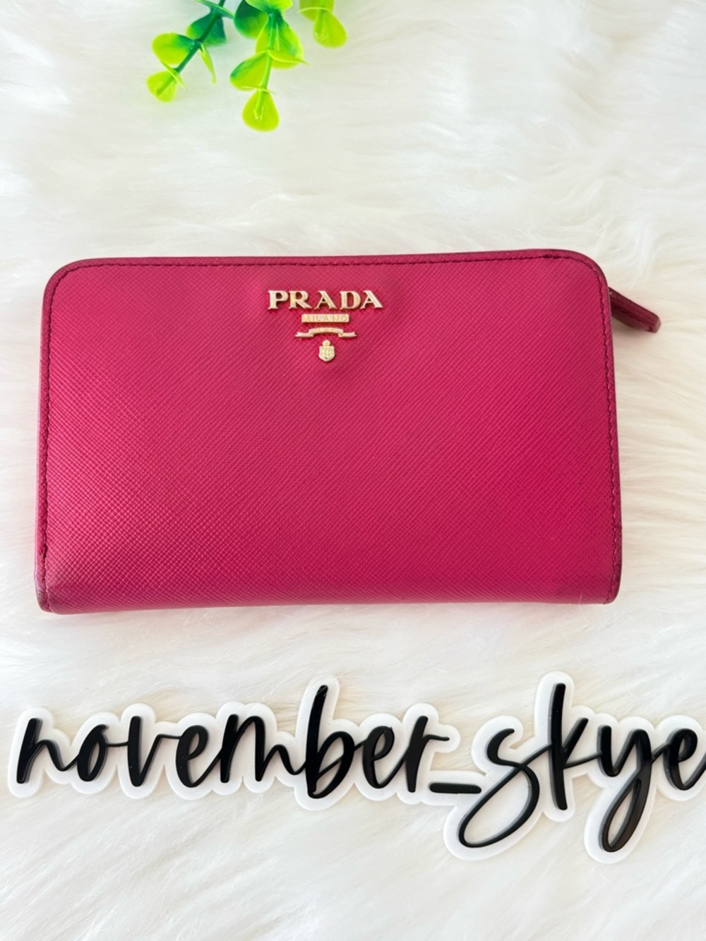 PRADA‎ fuchsia Saffiano Leather Compact Wallet